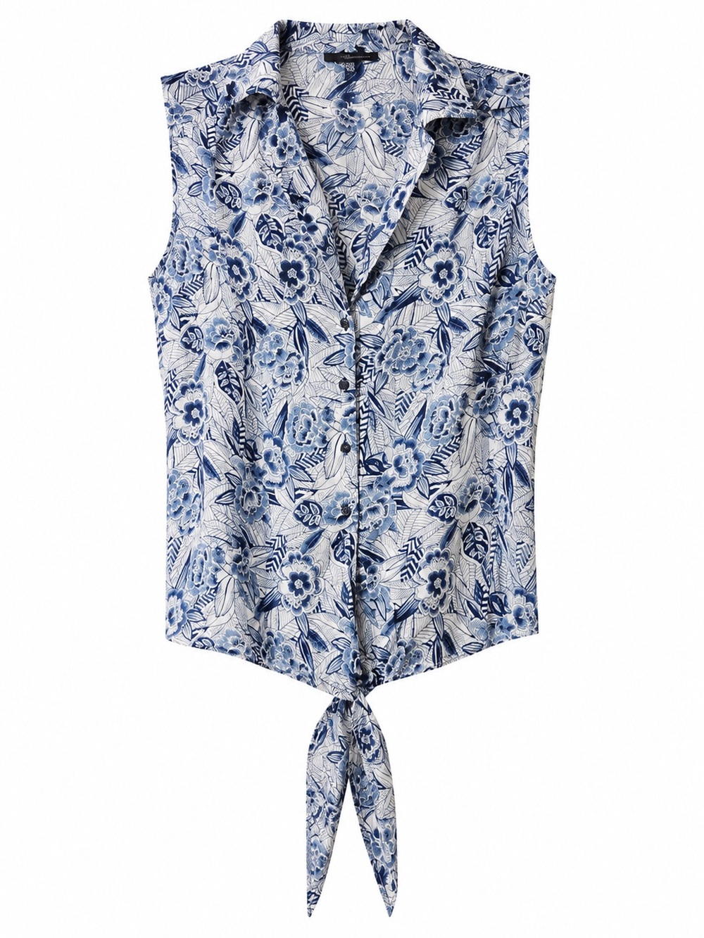 Sleeveless Tie-Front Button Down Top - White & Blue Floral